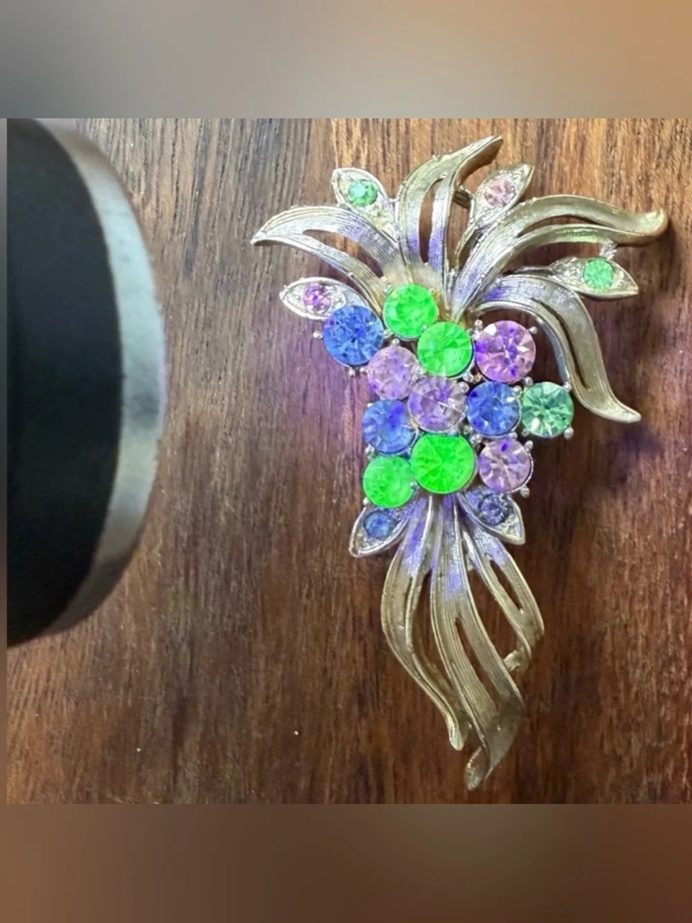 VTG Coro Uranium Glass Colorful Rhinestone Brooch Floral Fruit Gold Tone